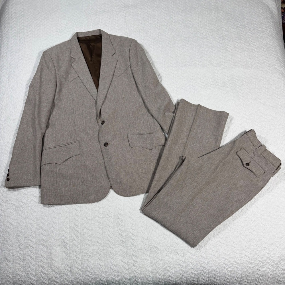 VTG Lee Western Suit Men's‎ 44L 33x35 Tan Textured Western Yoke USA 70s EUC